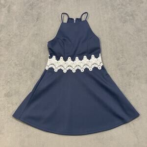 Papaya Navy Blue Halter Mini Dress White Lace Casual Flared Dress Women's Size M